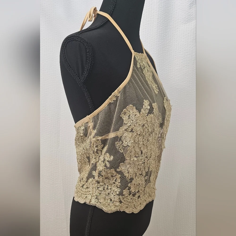 Banjul Womens Lace Mesh Grunge Gypsy Party Halter Crop Top - Picture 8 of 10